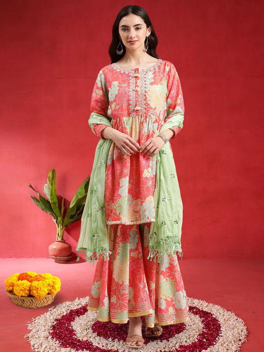 Dhiyona VA Women Floral Printed Empire Mirror Work Kurta With Sharara & Dupatta
