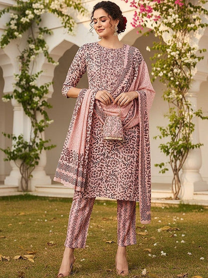 Dhiyona KL Floral Printed Round Neck Straight Kurta With Trousers & Dupatta