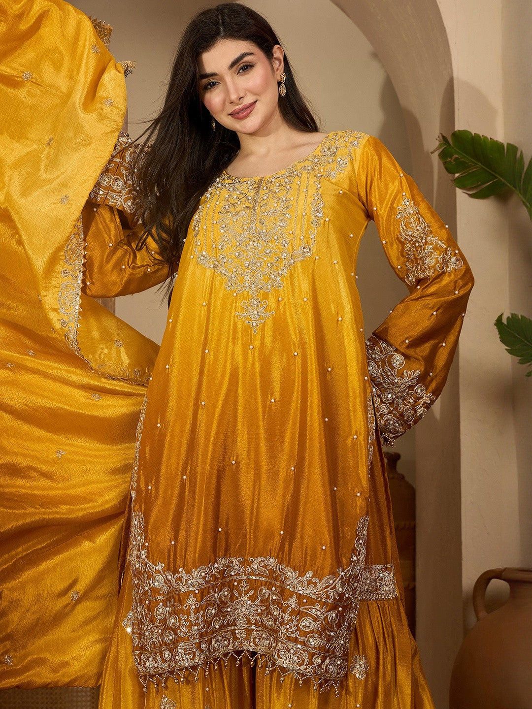 Mustard Chinon Silk Embroidery Work Kurta With Sharara And Dupatta