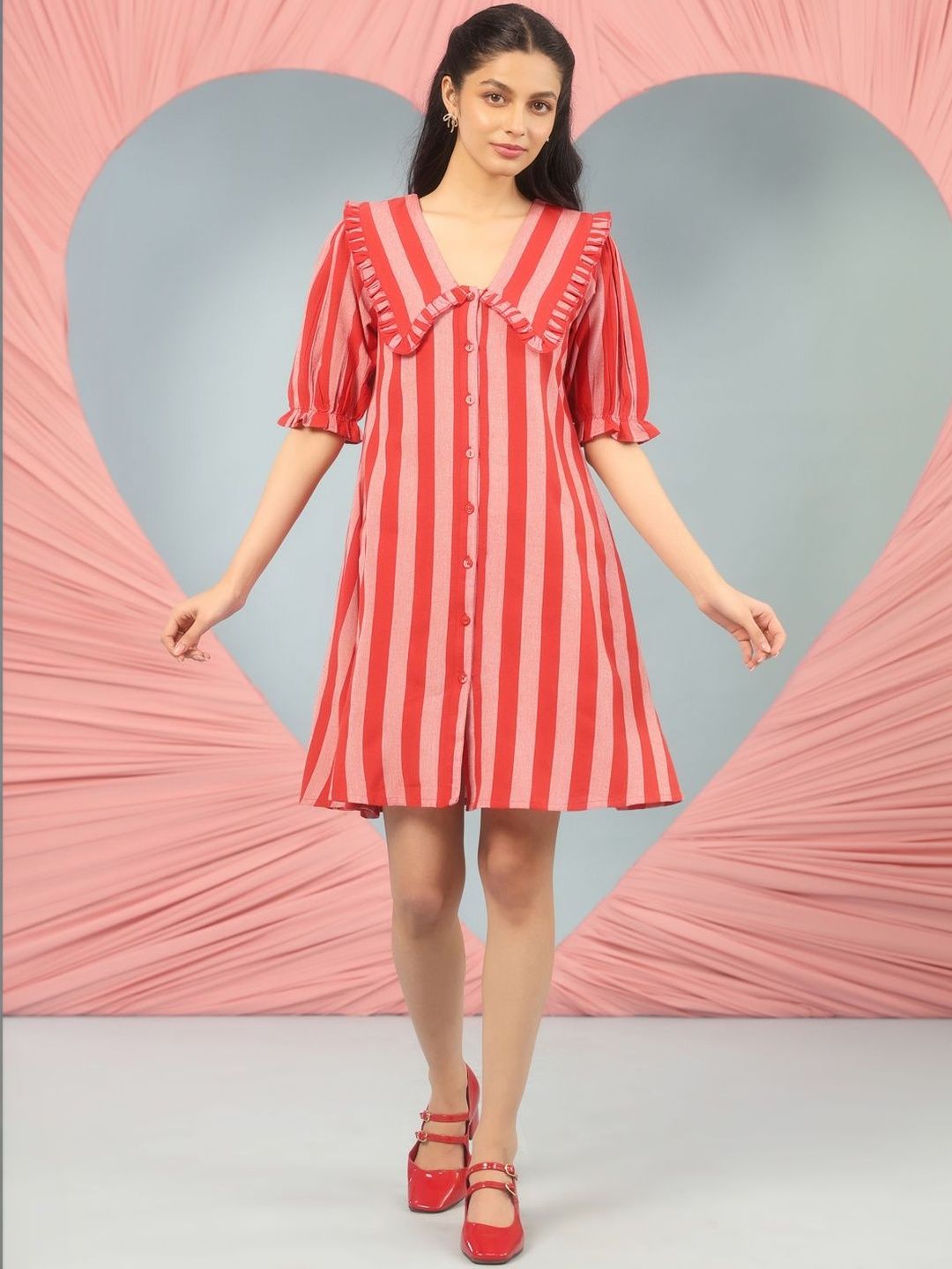 Dhiyona AY Women's Striped Puff Sleeve Ruffled A-Line Dress