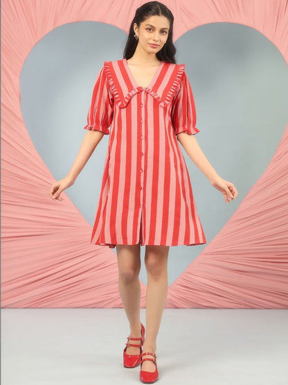 Dhiyona AY Women's Striped Puff Sleeve Ruffled A-Line Dress