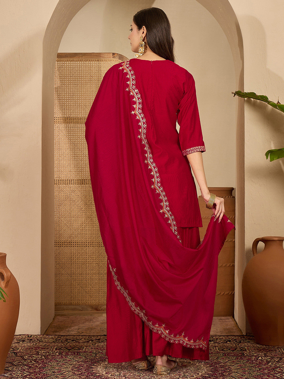 Embroidered Round Neck Kurta & Trousers With Dupatta