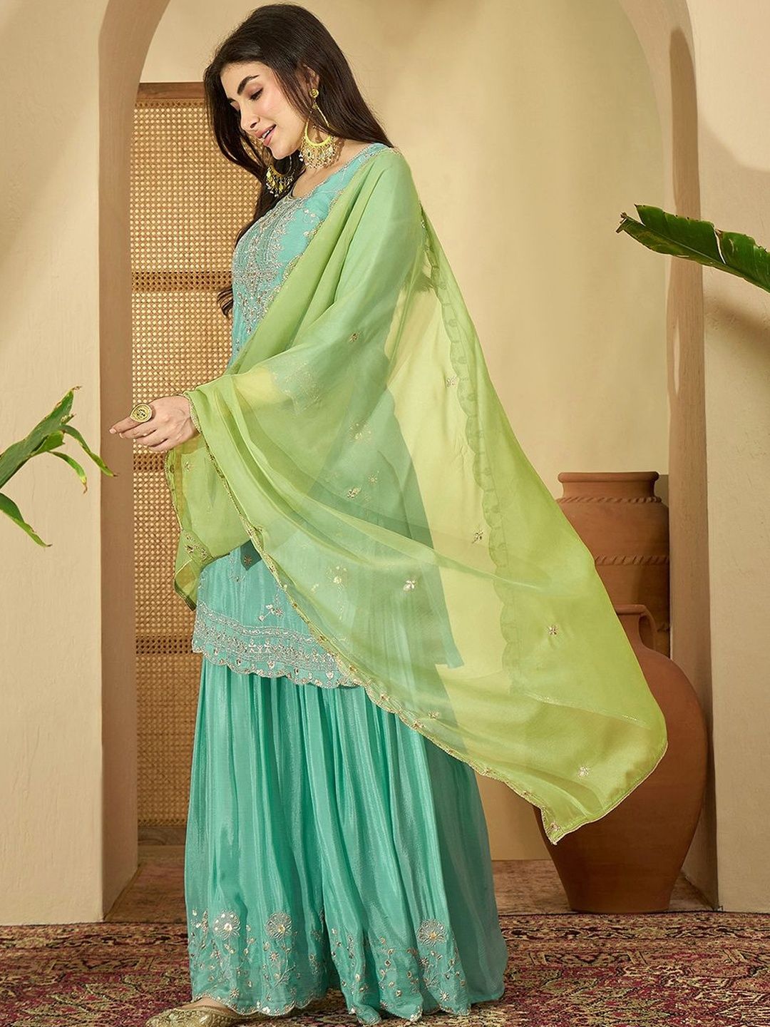 Dhiyona SN Sequence Embroidered Kurta With Sharara & Dupatta
