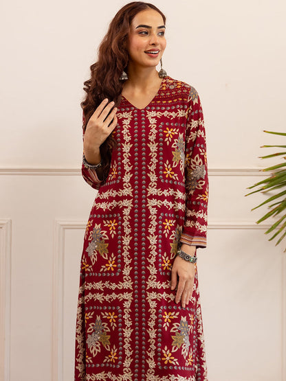 Floral Printed V-Neck Straight Kurta & Trousers