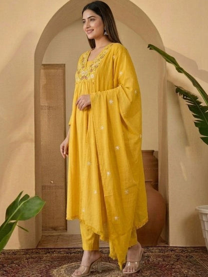 Embroidered Pure Cotton V-Neck Kurta & Trousers With Dupatta