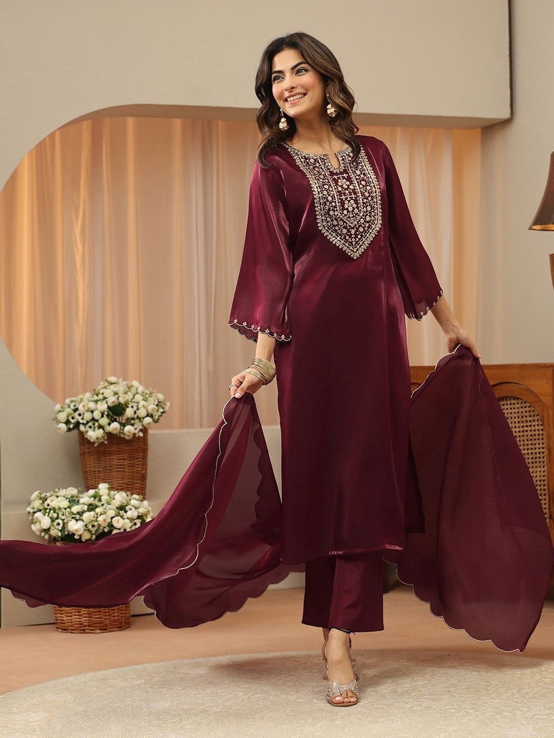 Libas Maroon Yoke Design Tissue Straight Suit Set