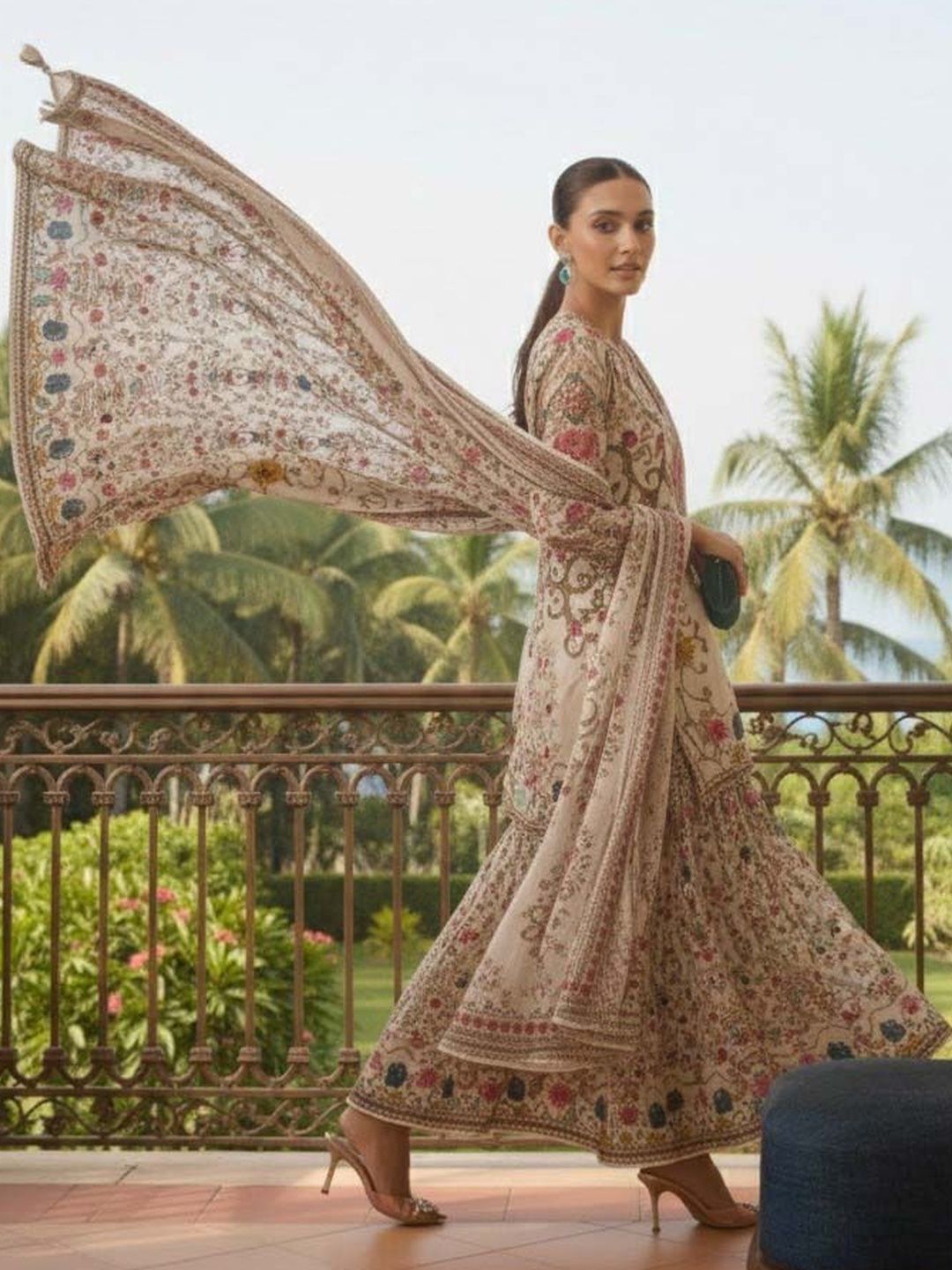 Dhiyona AN Women Floral Printed Regular Silk Crepe Kurta with Sharara & With Dupatta
