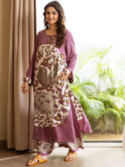 Floral Printed Flared Sleeves Beads And Stones Straight Kurta With Palazzos