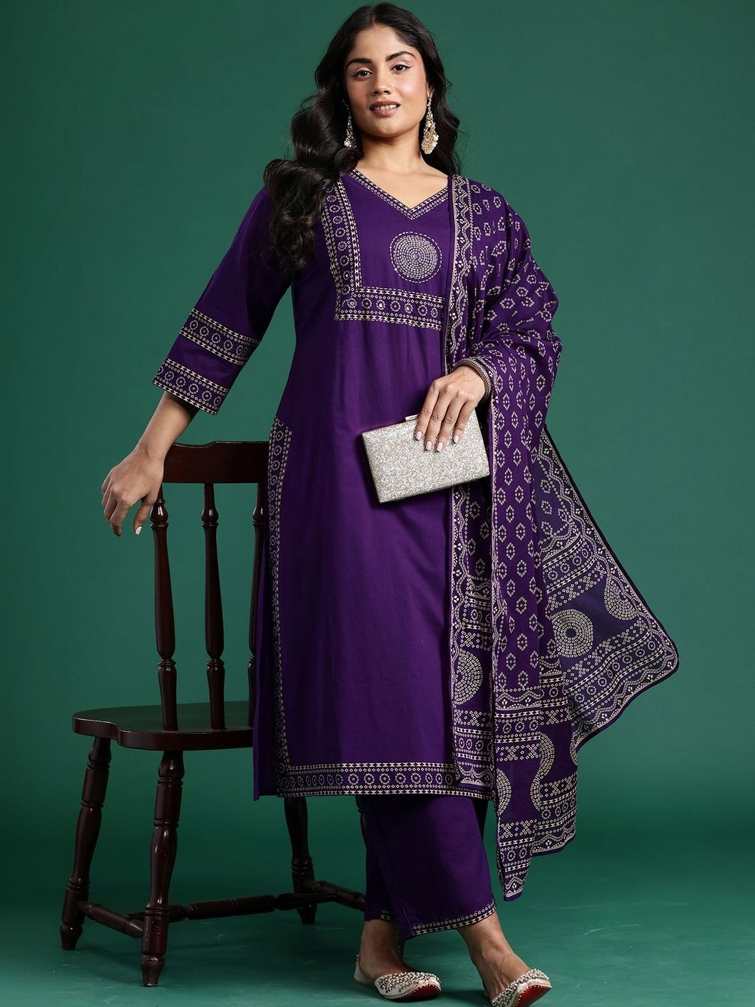 Dhiyona Women's Ethnic Motifs Printed Regular Mirror Work Pure Cotton Kurta with Trousers & With Dupatta