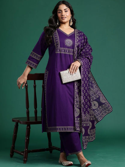 Dhiyona Women's Ethnic Motifs Printed Regular Mirror Work Pure Cotton Kurta with Trousers & With Dupatta