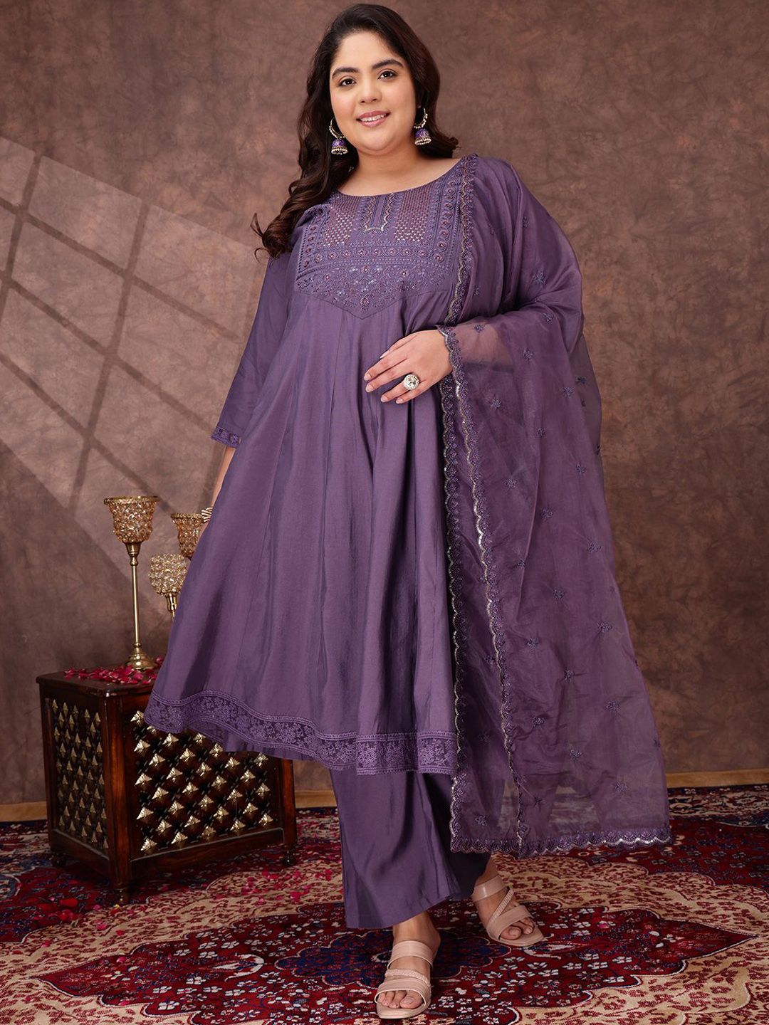 Dhiyona IN Floral Yoke Design Thread Work Anarkali Kurta With Palazzos & With Dupatta