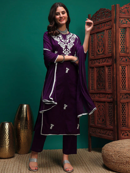 Floral Embroidered Chikankari Pure Cotton Straight Kurta With Trouser And Dupatta