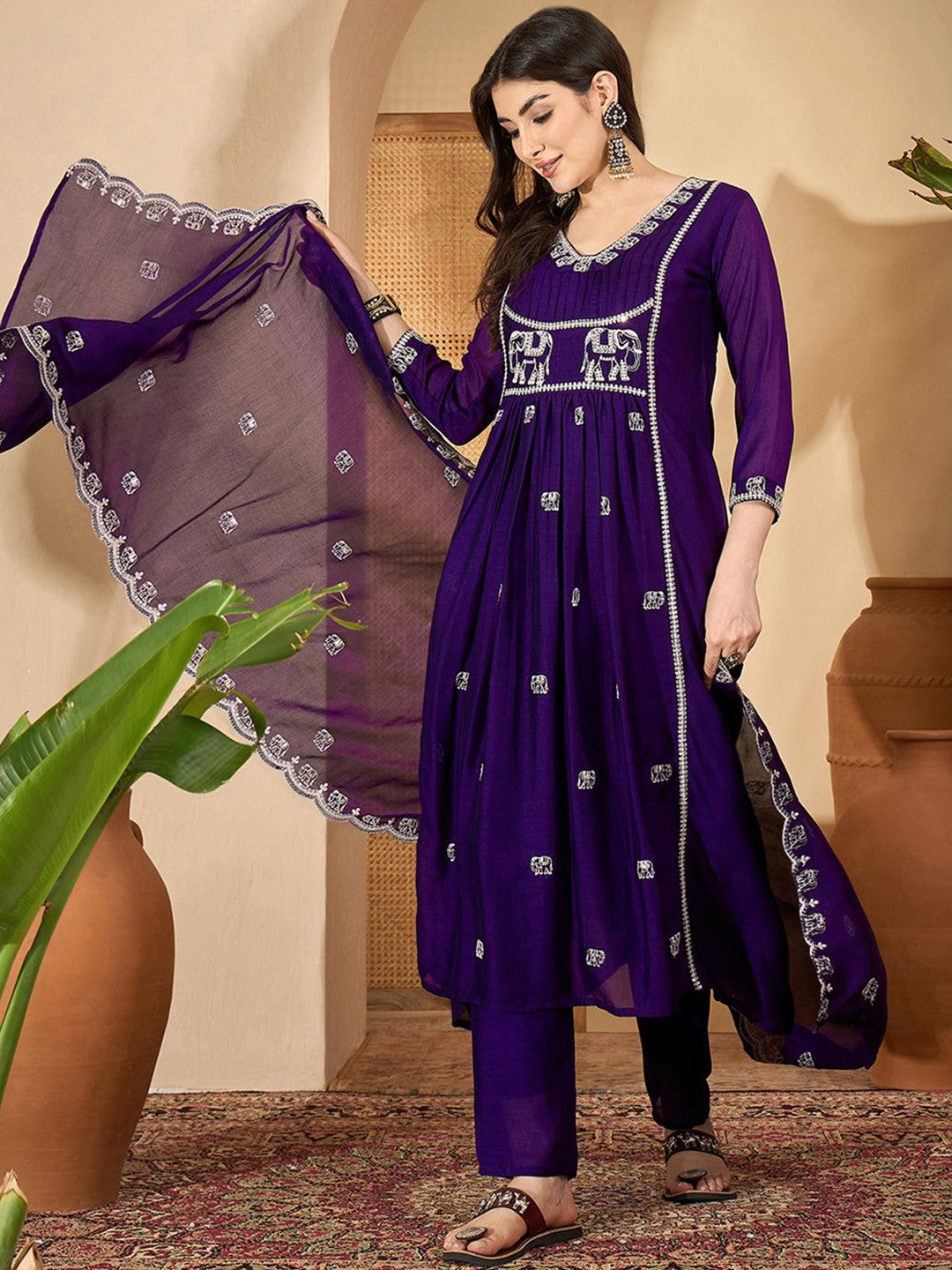 Ethnic Motifs Embroidered Pleated Sequinned A-Line Kurta With Trousers & Dupatta