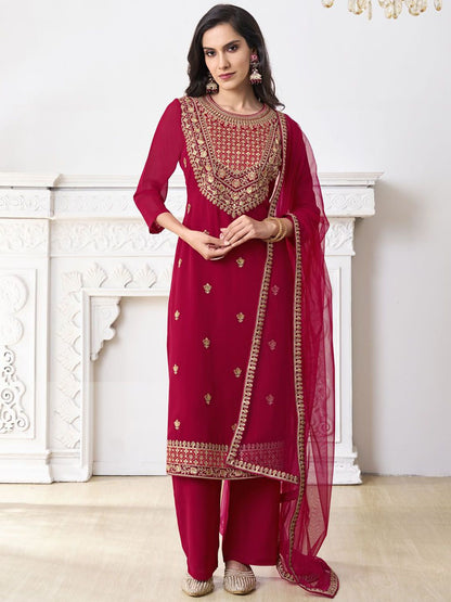 Dhiyona IN Floral Embroidered Round Neck Georgette Straight Kurta With Palazzos & Dupatta