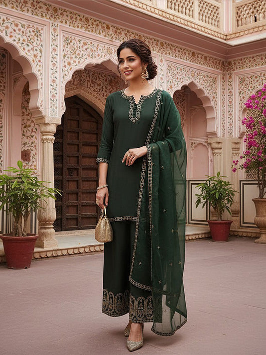 Dhiyona KL Ethnic Motifs Embroidered Notched Neck Straight Kurti with Palazzos & With Dupatta