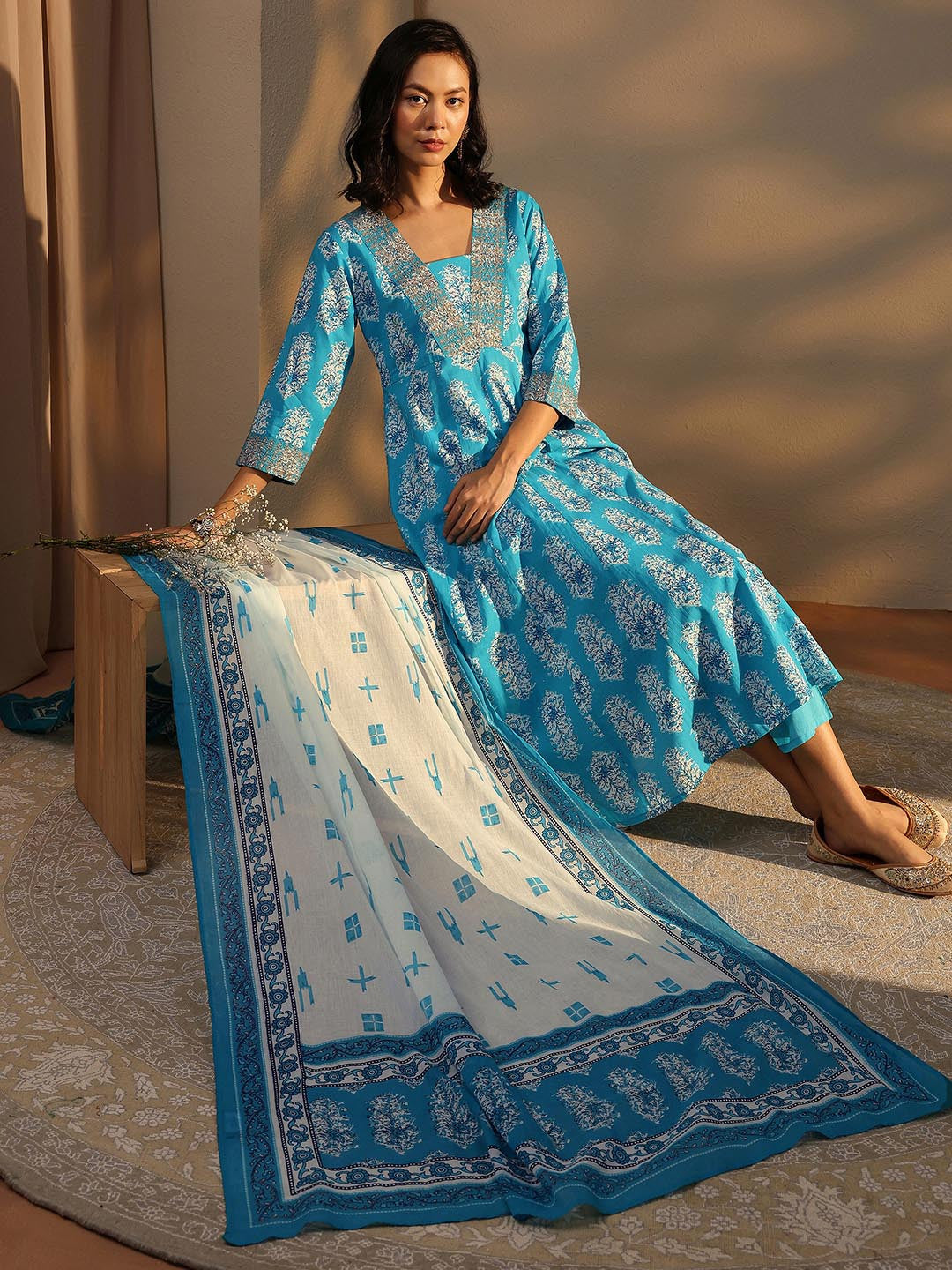 Blue Floral Printed Cotton A-line Suit Set