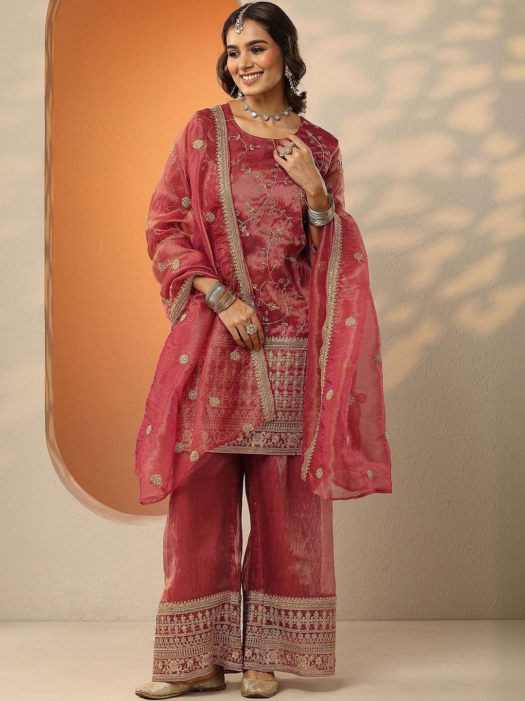 Dhiyona LL Women Ethnic Motifs Embroidered Regular Thread Work Kurta with Palazzos & With Dupatta