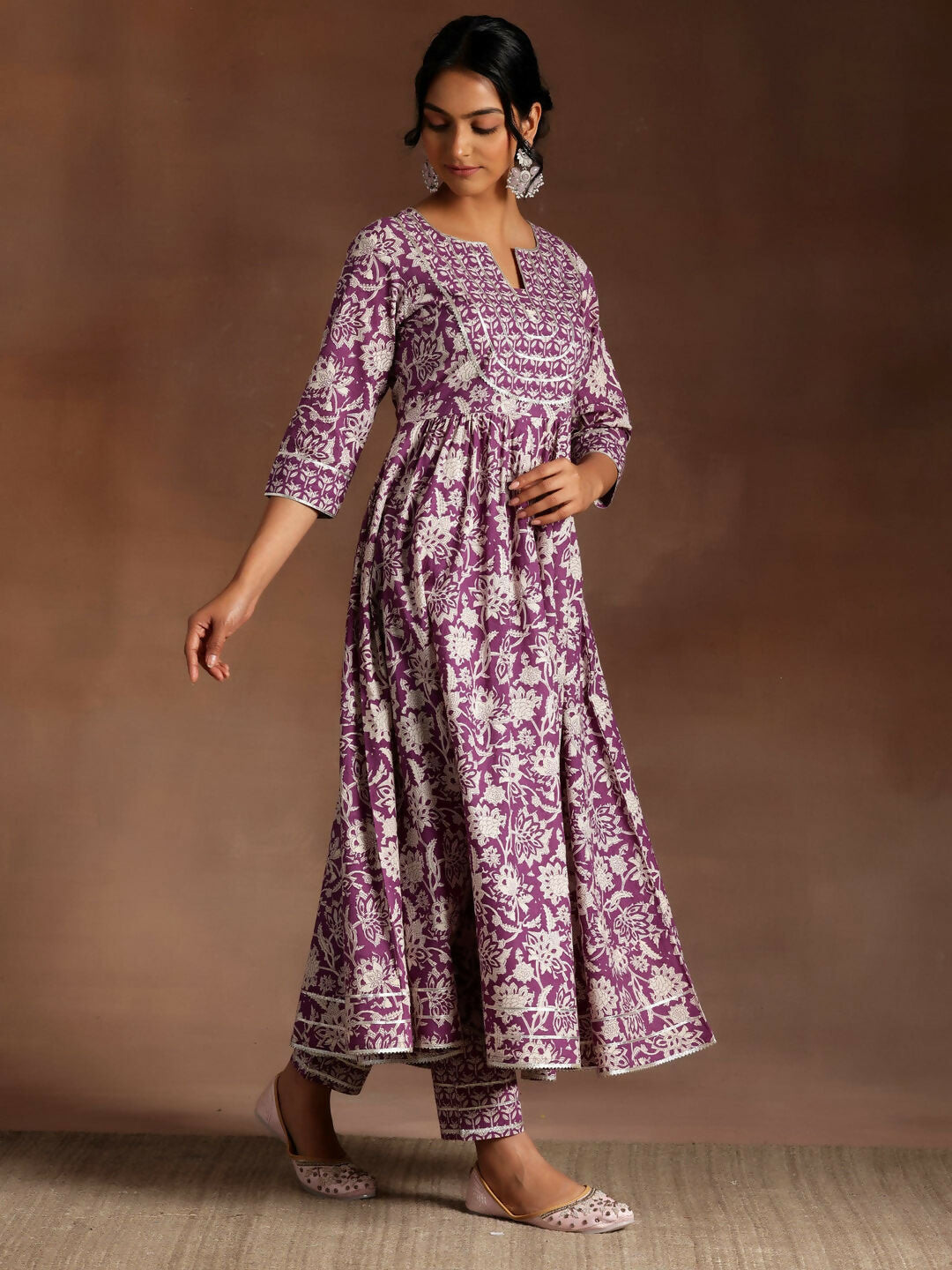 Women's LB Purple Printed Cotton Anarkali Suit With Dupatta