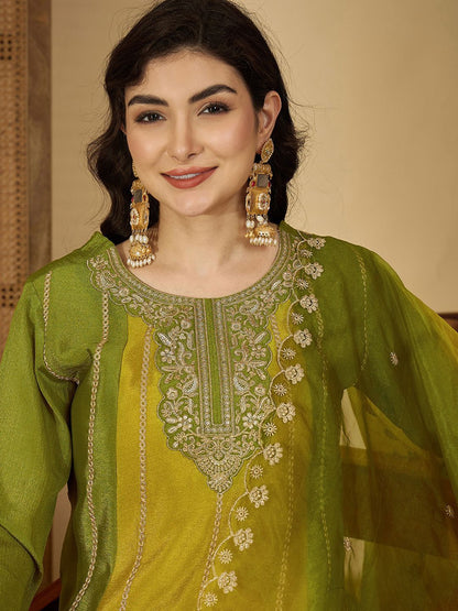 Dhiyona SN Floral Embroidered Round Neck Zari Kurta With Palazzos & Dupatta