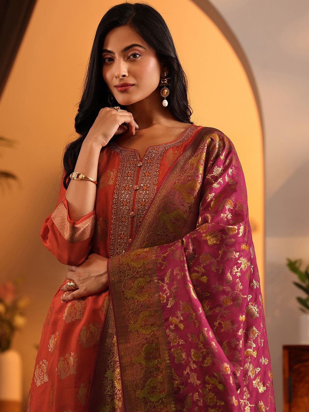 Woven Design Printed Thread Work Straight Kurta With Harem Pants & Dupatta