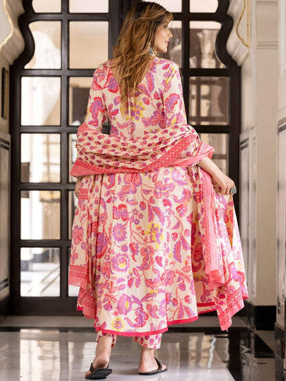 Dhiyona KL Women Floral Printed Cotton Kurta with Churidar & Dupatta