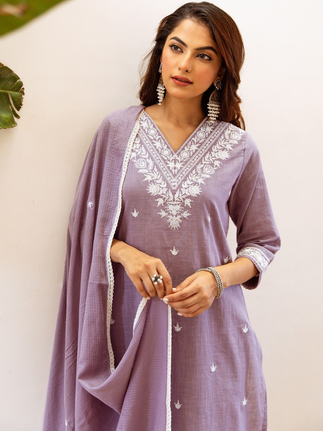 Embroidered Straight Kurta With Trousers & Dupatta