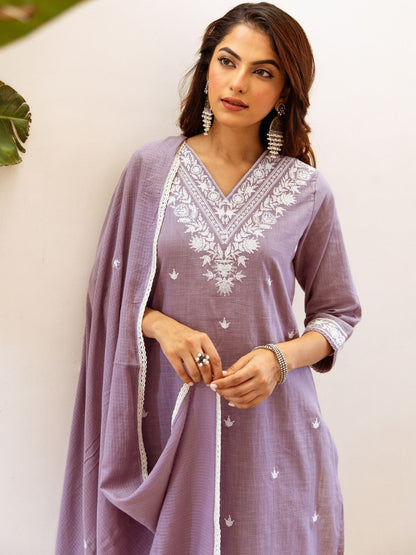 Embroidered Straight Kurta With Trousers & Dupatta