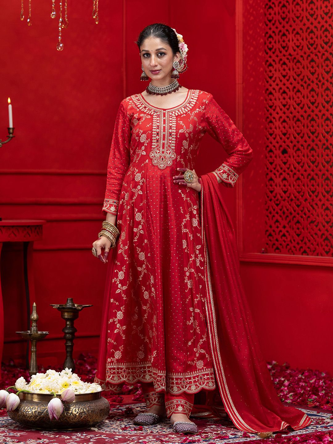 Dhiyona CH Floral Embroidered Panelled Anarkali Kurta with Trousers & Dupatta