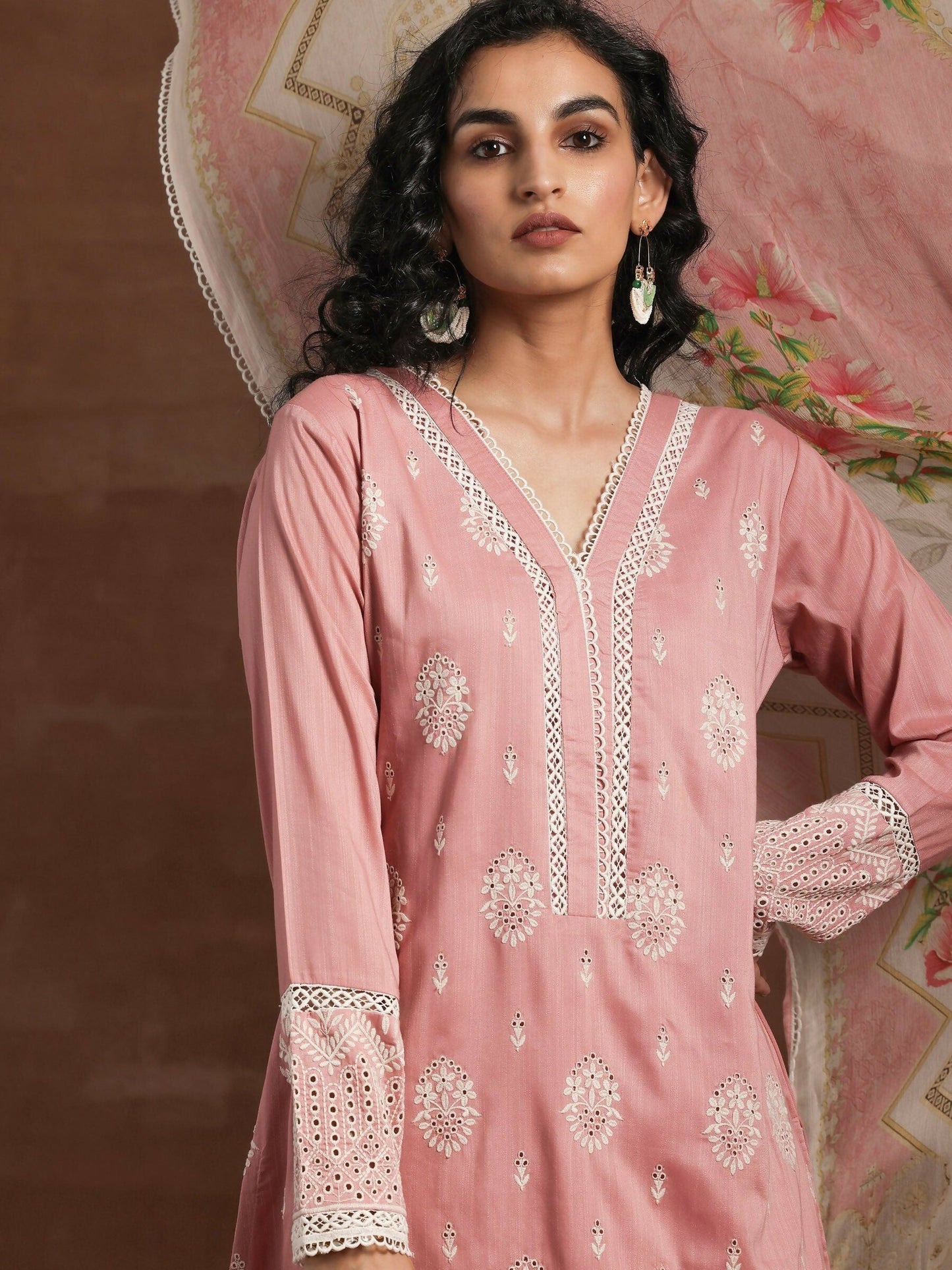 Women's LB Pink Embroidered Silk Blend Straight Suit With Dupatta