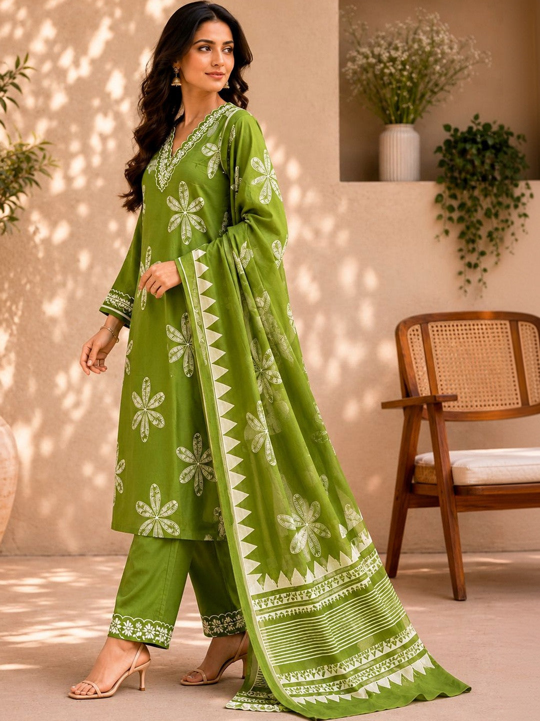 Women Floral Printed Regular Thread Work Pure Cotton Kurta with Trousers & With Dupatta