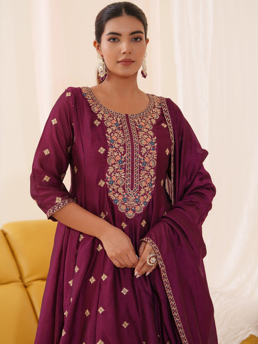 Floral Embroidered Thread Work Anarkali Kurta With Trousers & Dupatta