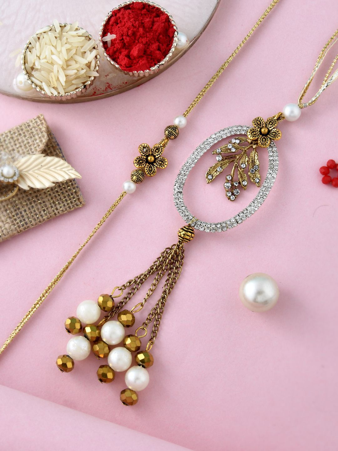 Dhiyona Embellished Bhaiya Bhabhi Rakhi With Roli Chawal & Greeting Card