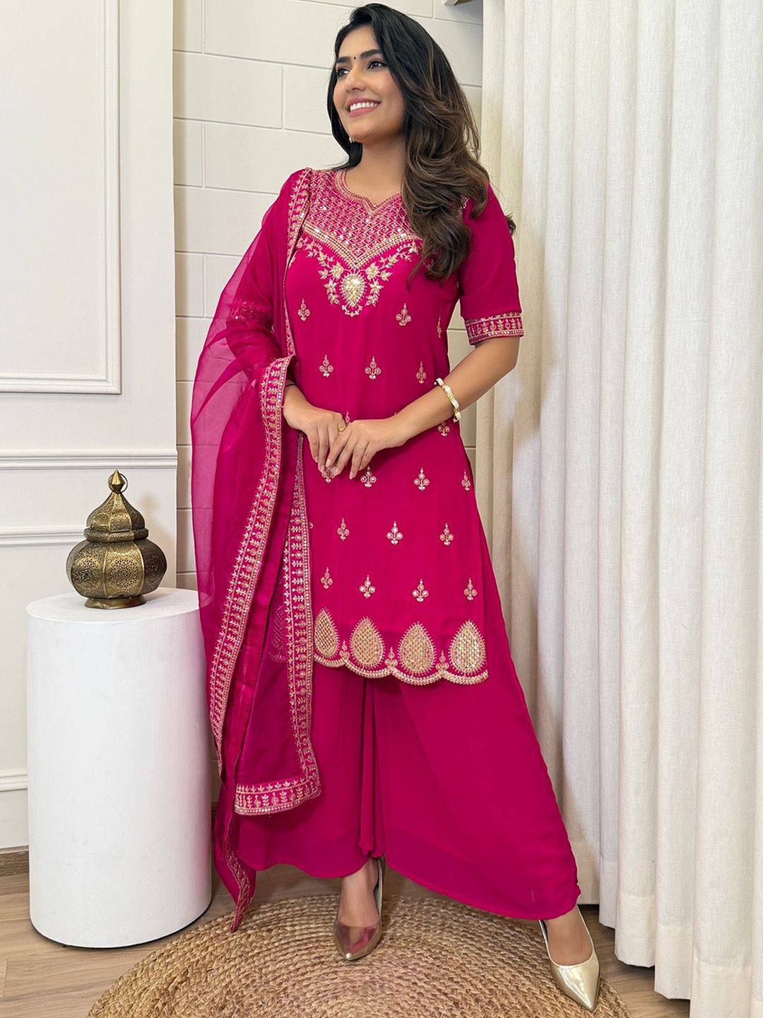 Dhiyona KL Women Floal Embroidered Regular Sequined Kurta With Sharara & Dupatta