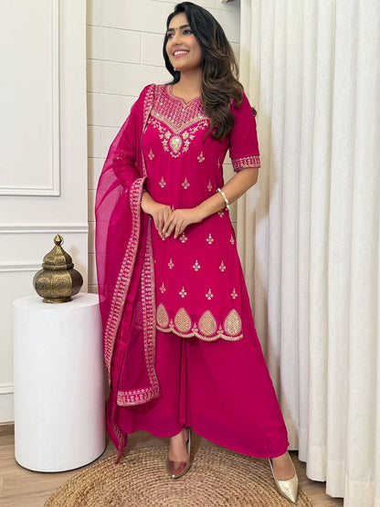Dhiyona KL Women Floal Embroidered Regular Sequined Kurta With Sharara & Dupatta