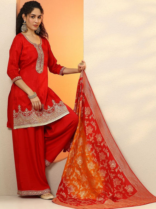 Dhiyona LL Ethnic Motifs Round Neck Straight Kurta With Palazzos & Dupatta
