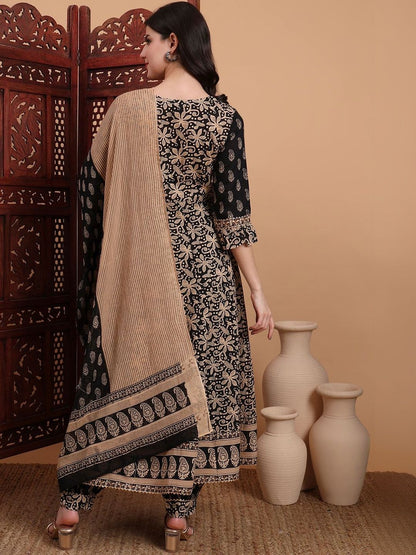 Dhiyona KL Women Ethnic Motifs Printed Panelled Pure Cotton Kurta with Harem Pants & With Dupatta
