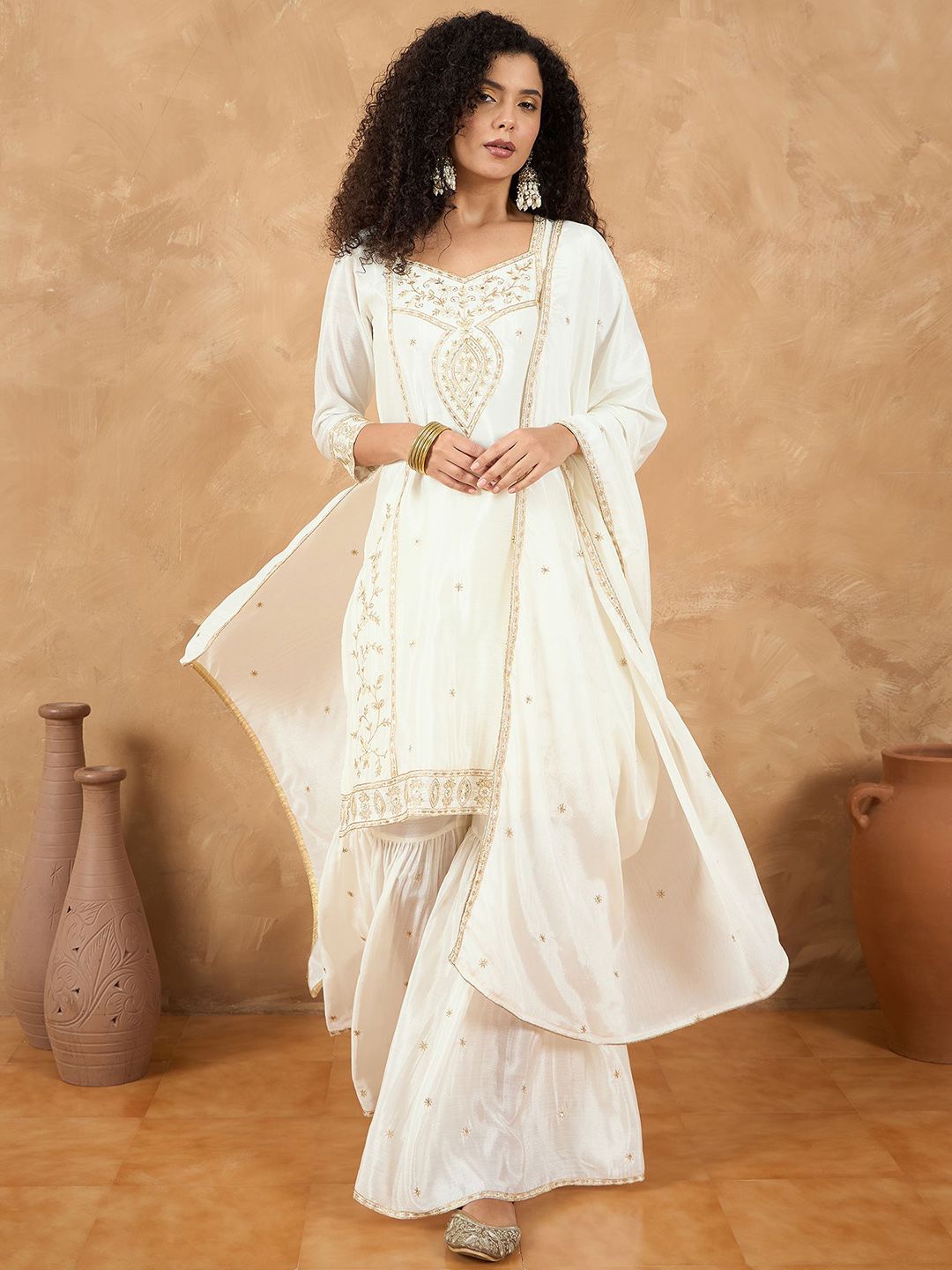 Dhiyona VA Women Ethnic Motifs Embroidered Regular Kurta & Sharara With Dupatta