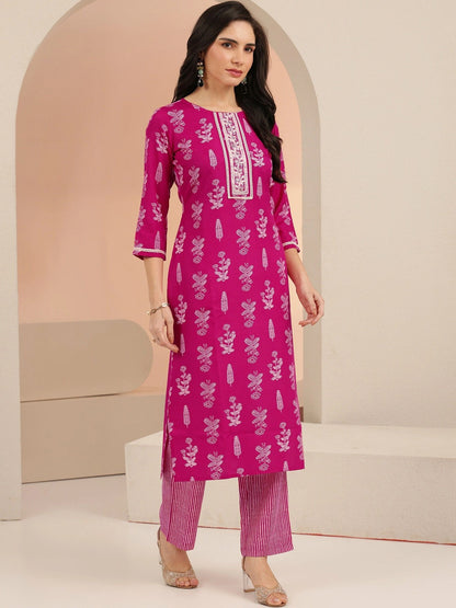 Rani Pink Floral Printed Cotton Blend Straight Suit Set