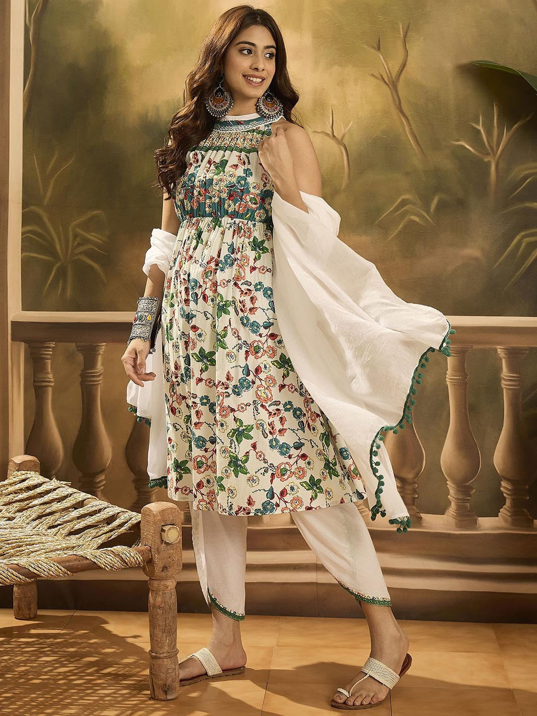 Dhiyona SN Women Floral Printed Cotton Kurta with Dhoti Pant & Dupatta