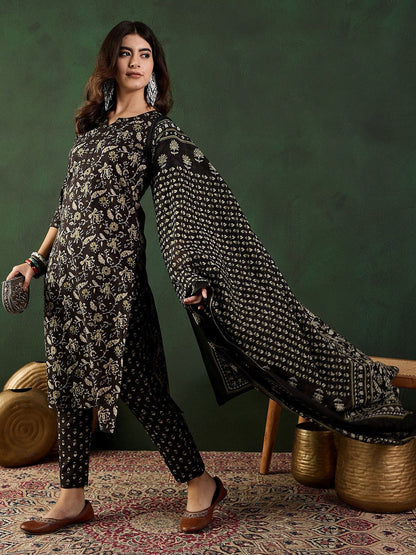 Printed Pure Cotton Round Neck Kurta & Trousers Kurta Set