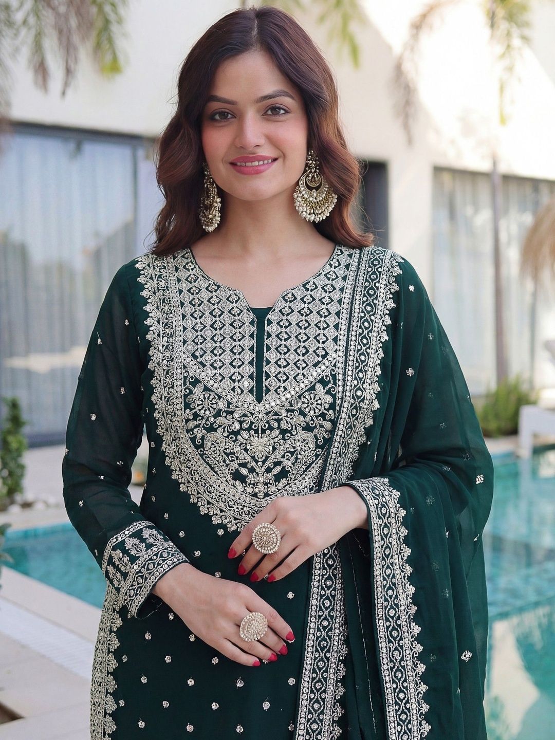 Dhiyona SN Embroidered Round Neck Straight Kurta & Sharara With Dupatta