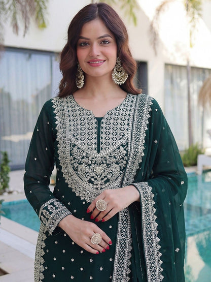 Dhiyona SN Embroidered Round Neck Straight Kurta & Sharara With Dupatta