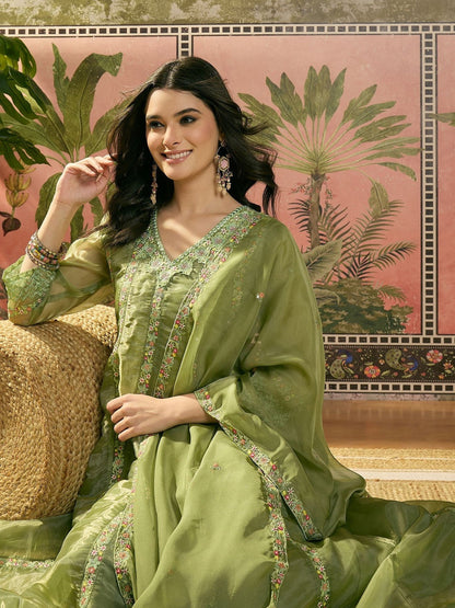 Embroidered V-Neck Kurta Trousers & Dupatta
