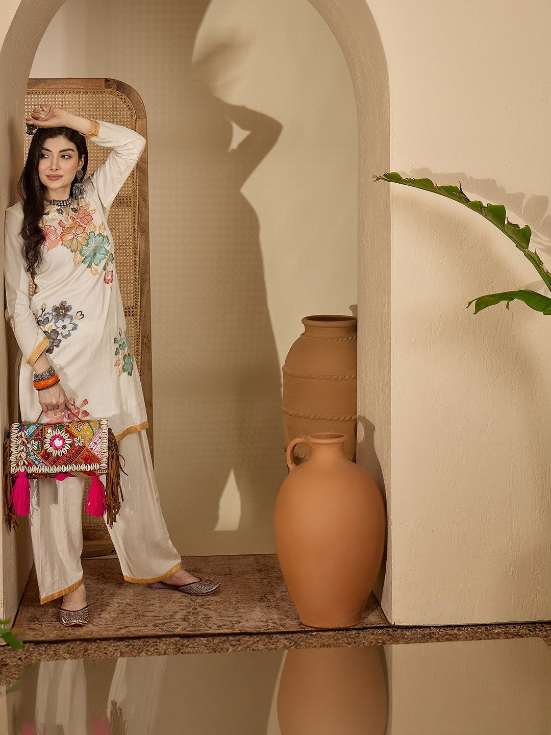 Winter Floral Self Design Kurta With Trousers