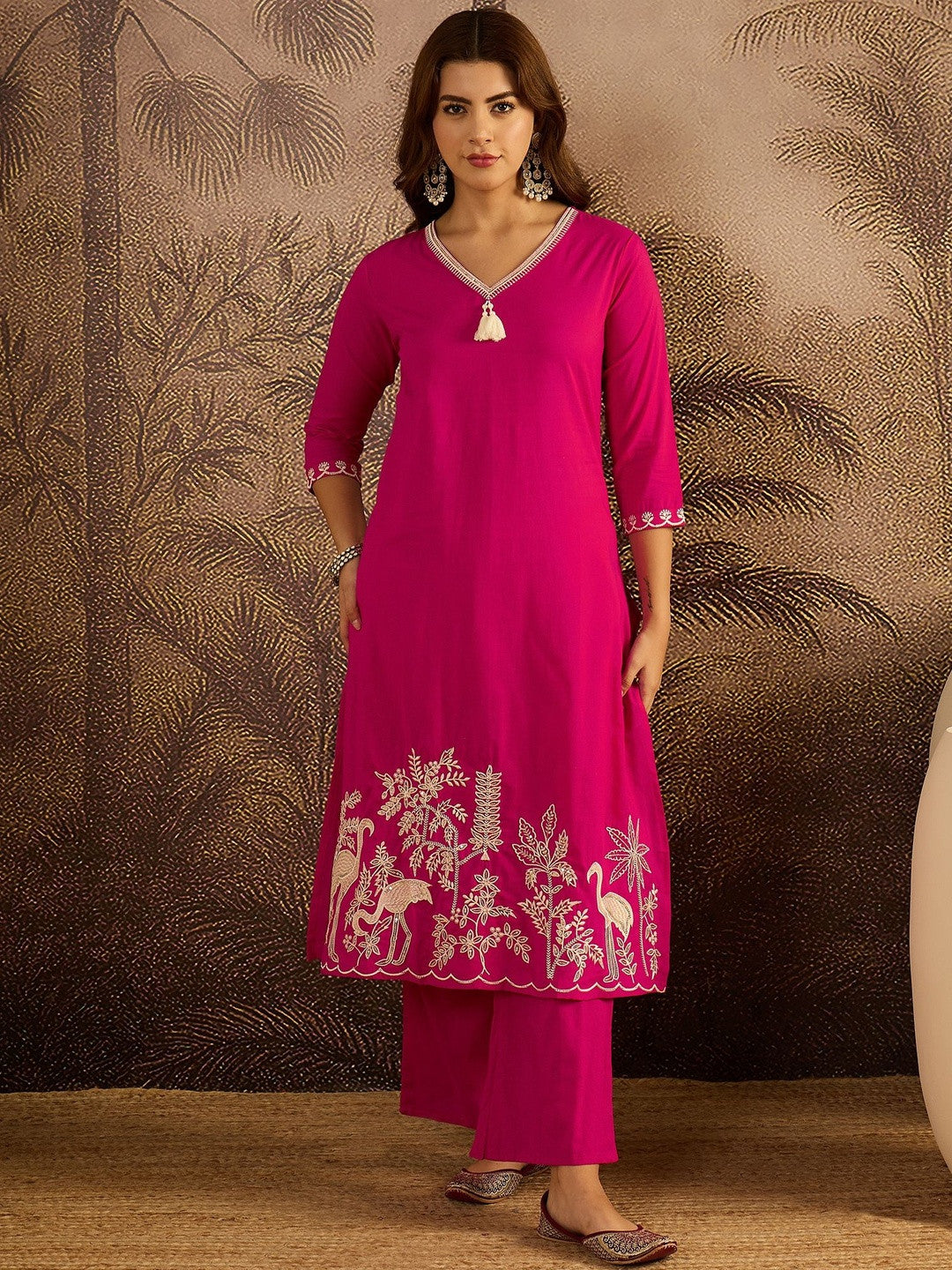 Thread Work Embroidered Kurta with Trousers & Dupatta