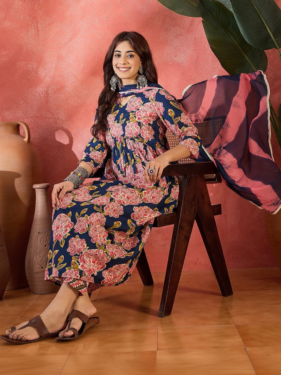 Printed Pure Cotton V-Neck A-Line Kurta & Trousers With Dupatta