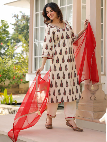 Dhiyona RR Women's Ethnic Motifs Printed Regular Beads and Stones Kurta with Trousers & With Dupatta