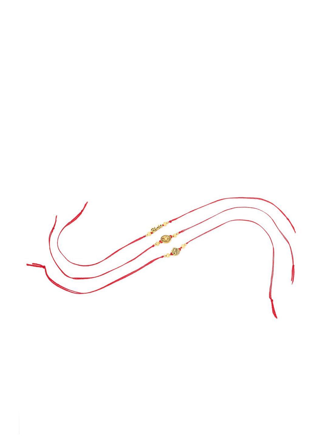 Dhiyona Men Set Of 3 Gold Toned Thread Rakhi With Roli Chawal Chandan Mishri