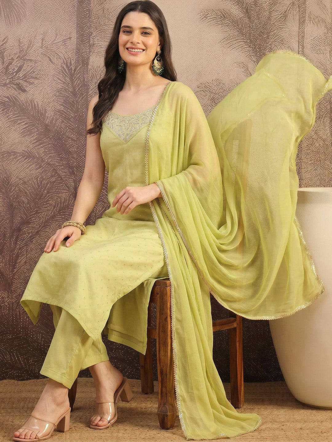 Embroidered Silk Blend Round Neck Kurta & Pyjamas With Dupatta