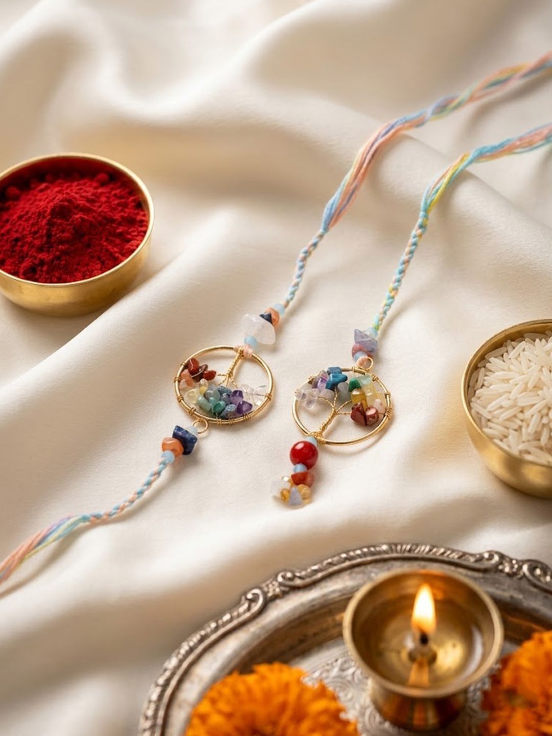 Dhiyona Set Of 2 Artificial Stones Bhaiya Bhabhi Rakhi With Roli Chawal Chandan Mishri
